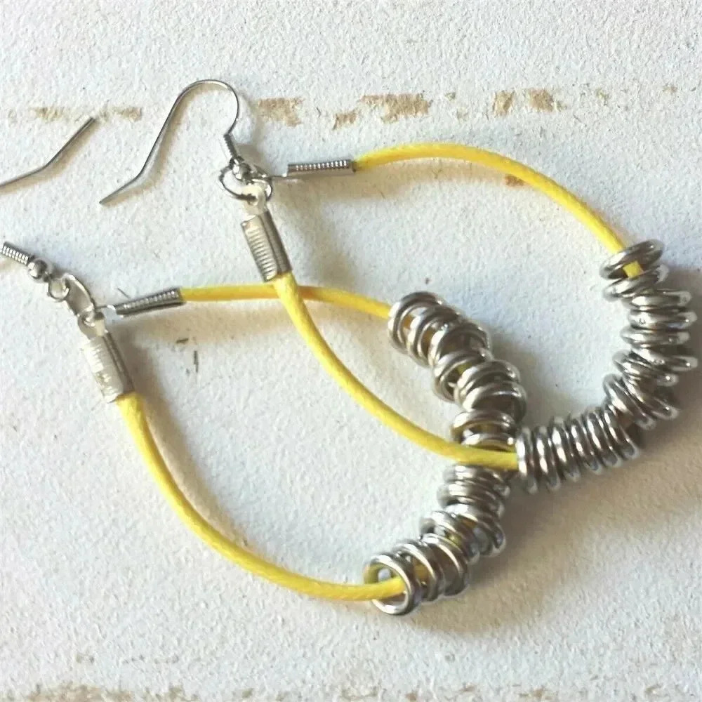 Handmade Sunny Yellow Long Polyester Cord Silver Tone Rings Dangle Hoop Earrings
